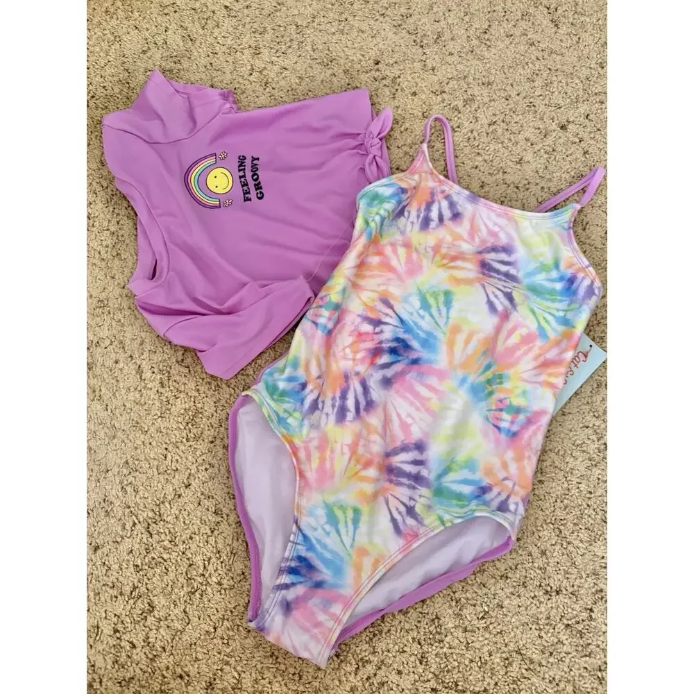 Cat & Jack Tie Dye Groovy Strappy One Piece Swimsuit Rashguard Set Size L 10/12